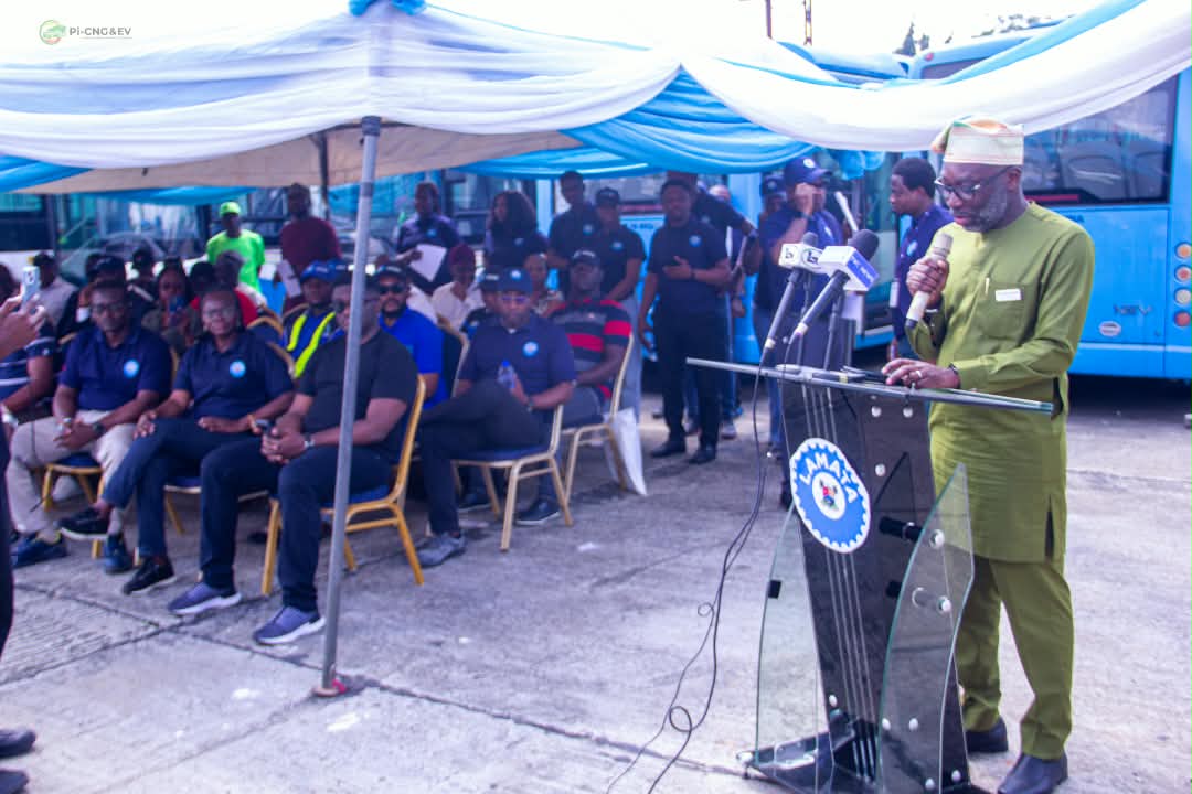 Lagos State Commissioner for Transportation speaking at the bus handover ceremony